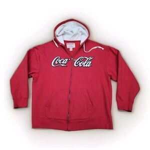 Coca Cola Hoodie Mens XL Red & White Full Zip Fleece Lined Logo Sweatshirt